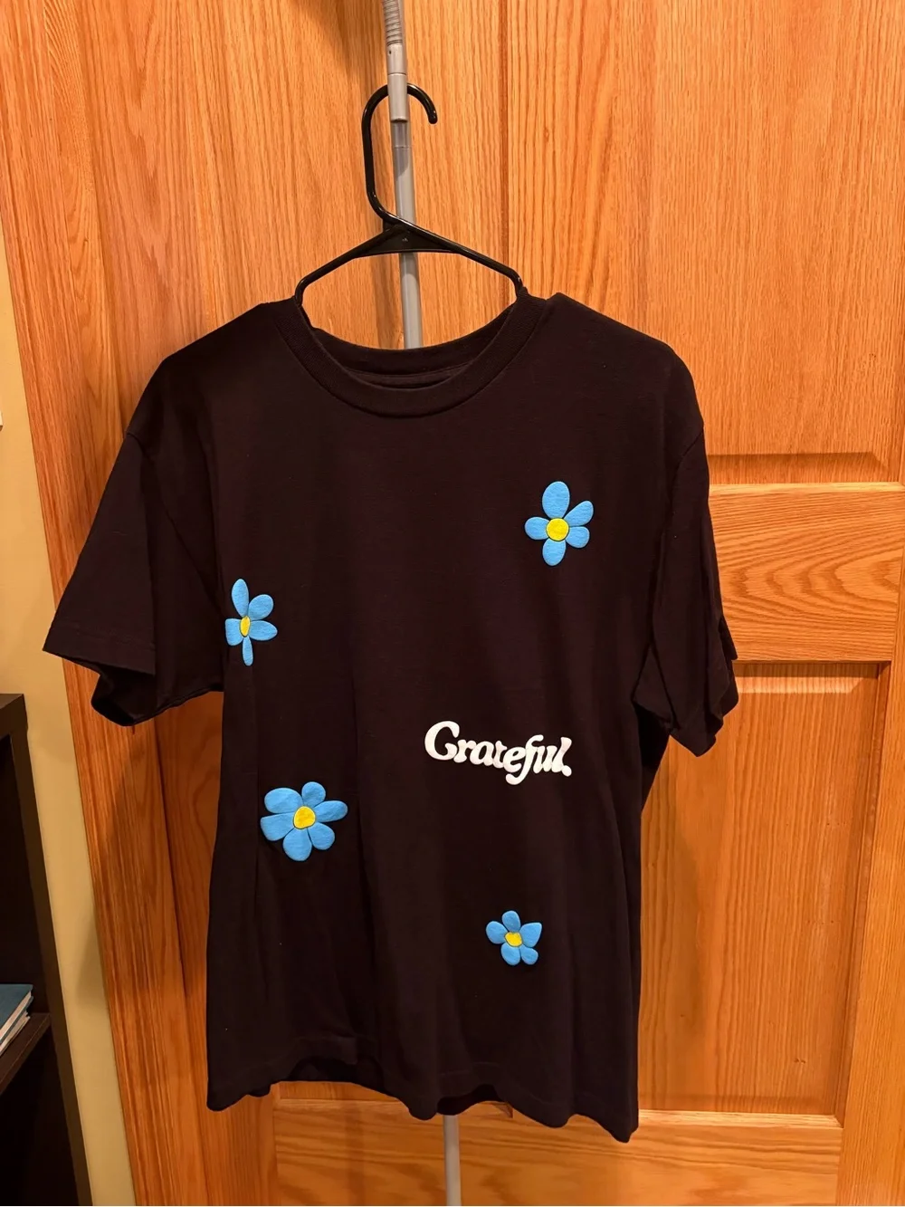 Grateful Black Tee with Blue Floral Appliqués